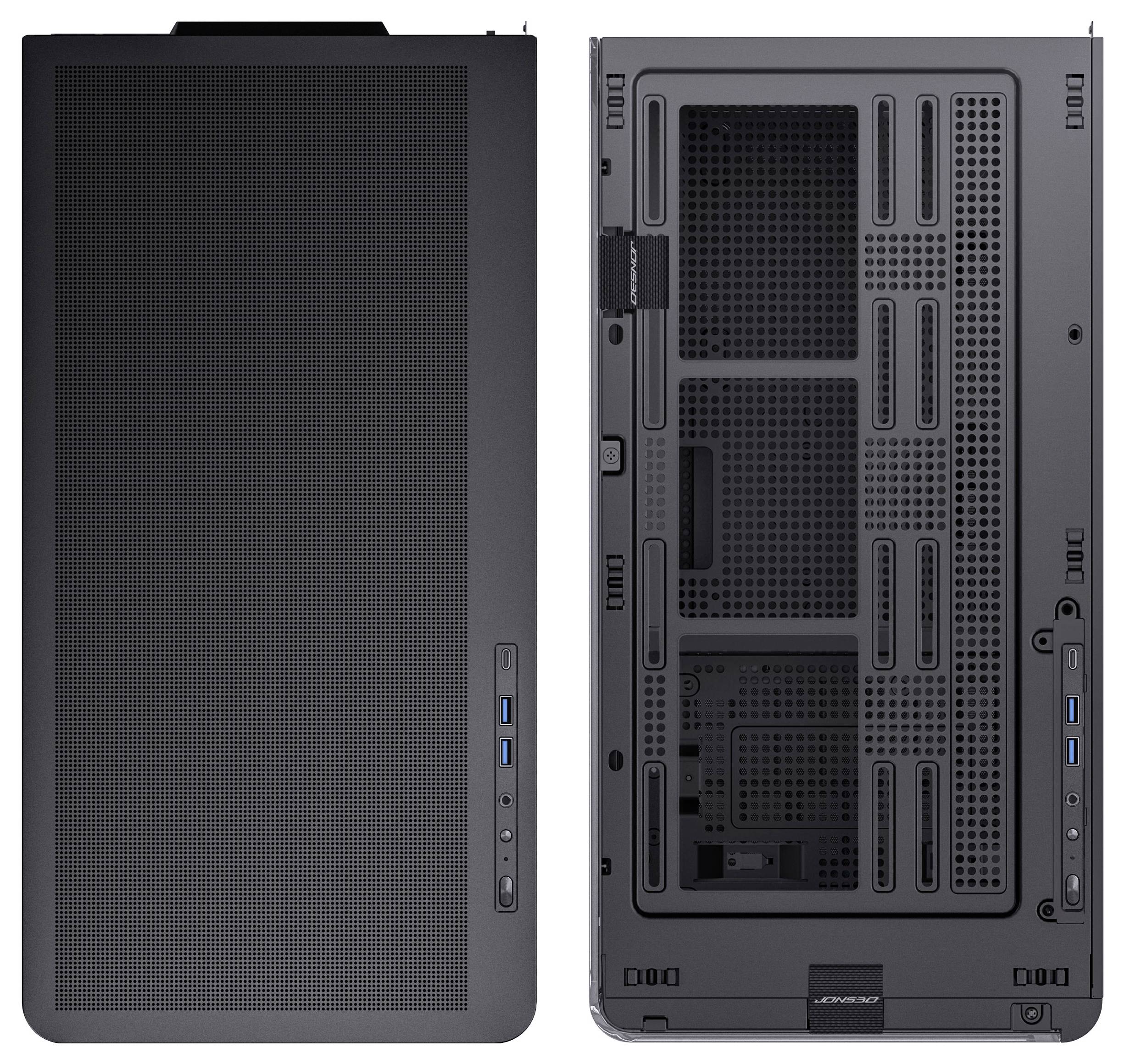 Obudowa komputera PC w widoku z góry i z boku, ukazująca kratki wentylacyjne i porty USB. Panel boczny zdjęty, aby odsłonić rozmieszczenie komponentów wewnętrznych.