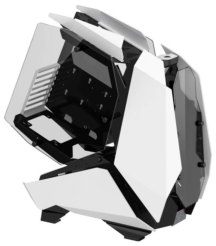 Futurystyczna, otwarta biała obudowa komputerowa o kanciastej stylistyce, z dużymi otworami wentylacyjnymi po bokach, prezentująca widoczną strukturę wewnętrzną dla optymalnego przepływu powietrza.