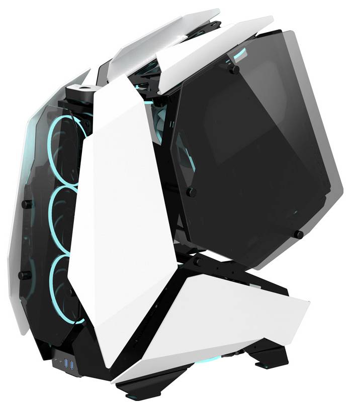 Smukła, futurystyczna obudowa komputera w białym kolorze o kanciastej konstrukcji, wyposażona w transparentne panele prezentujące duże wentylatory chłodzące z niebieskim podświetleniem LED.