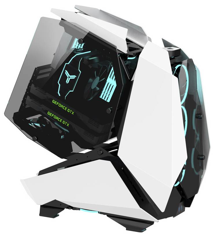 Futurystyczna obudowa komputera z otwartą konstrukcją prezentująca wewnętrzne komponenty, w tym świecące wentylatory i widoczny tekst 'GEFORCE GTX'.