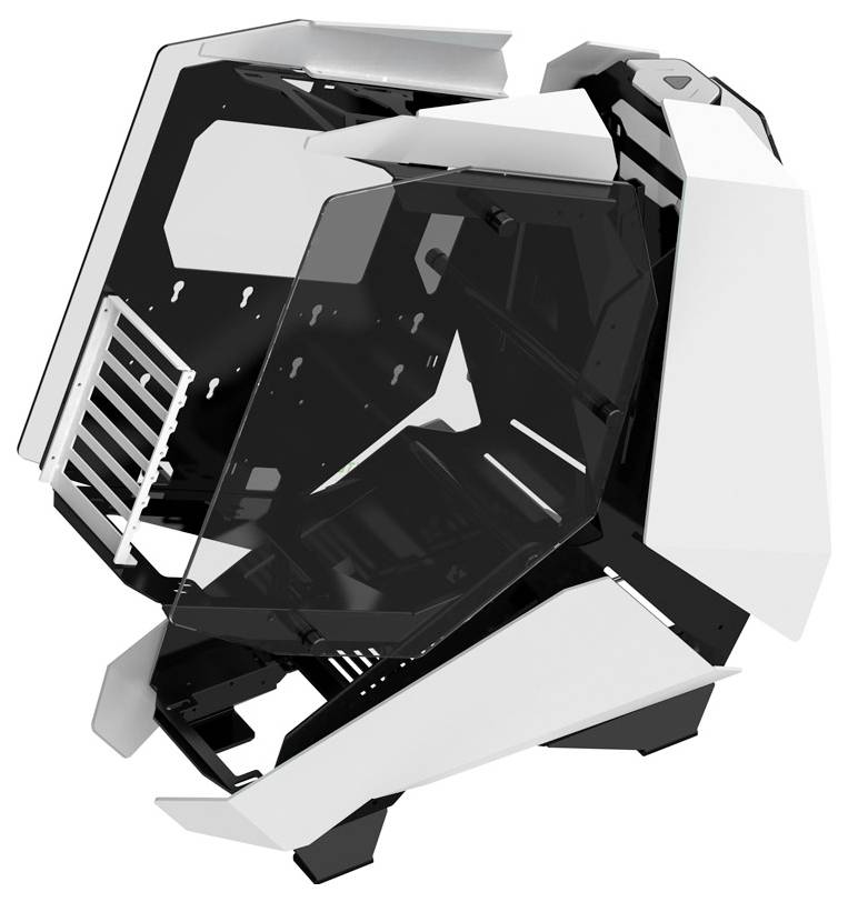 Futurystyczna, kątowa obudowa komputera w kolorach czarnym i białym z unikalnymi panelami i przezroczystymi sekcjami ujawniającymi wewnętrzne przedziały.