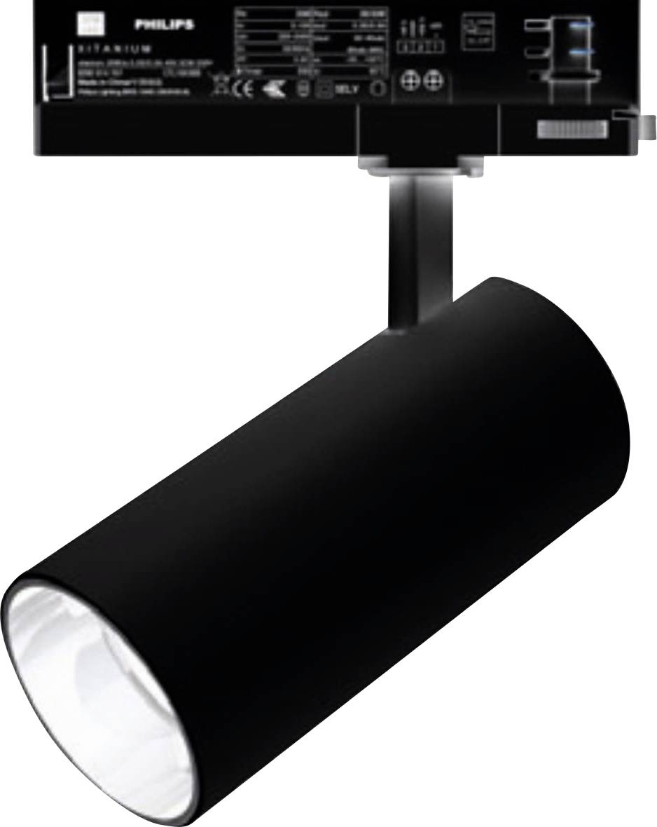 Reflektor LED Philips, czarny cylindryczny, mocowany na ścianie z regulowanym ramieniem, z parametrami technicznymi umieszczonymi z tyłu.