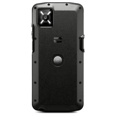 Wytrzymały czarny smartfon z wzmocnioną obudową, wyposażony w aparat o charakterystycznym, widocznym mocowaniu oraz centralnym, okrągłym metalowym elementem.