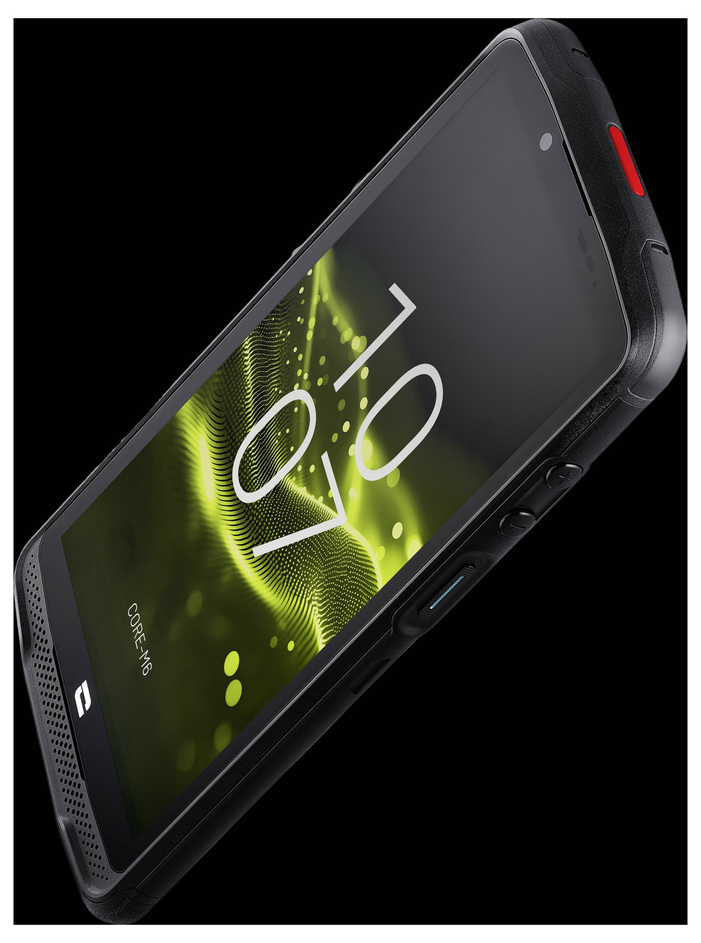 Czarny smartfon z teksturowanymi bokami, wyświetlający '10:07' i zielony wzór fali na ekranie, umieszczony na czarnym tle.