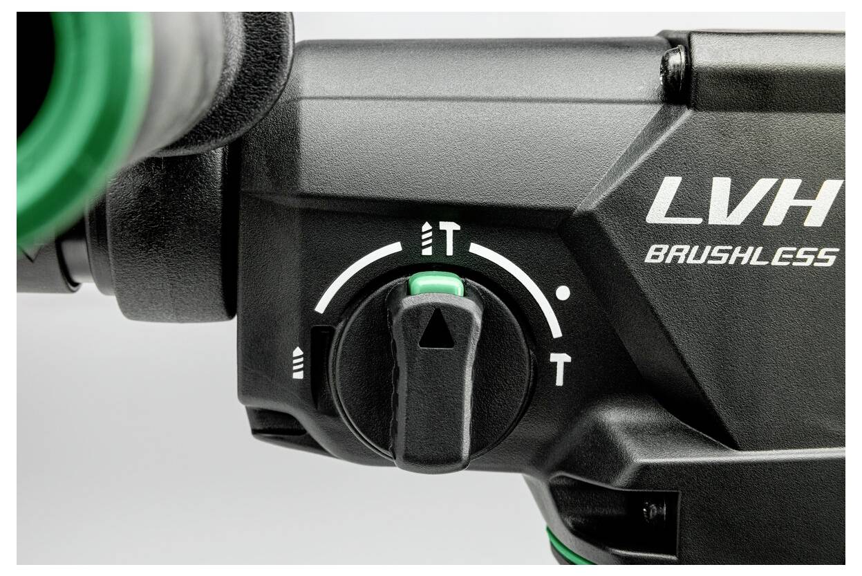 Zbliżenie elektrycznego narzędzia z przełącznikiem pokazującym dwa ustawienia: 'T' i 'T' w innej pozycji. Narzędzie jest oznaczone napisem 'LVH Brushless'.