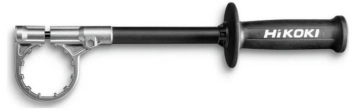 Czarno-srebrny uchwyt narzędziowy Hikoki z regulowanym uchwytem kołowym na jednym końcu, służący do pewnego mocowania obiektów.