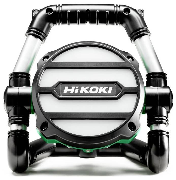 Przenośna lampa robocza z uchwytem, o okrągłym kształcie z etykietą 'HiKoki'.