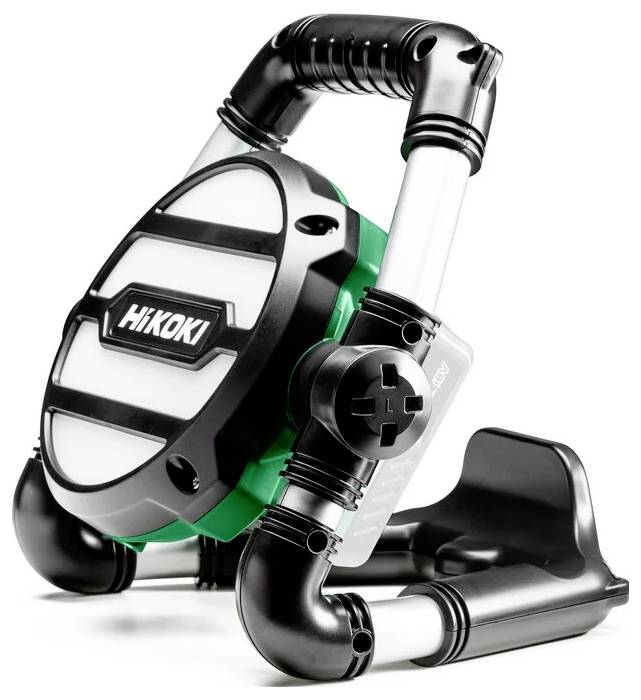 Przenośna lampa robocza Hikoki z mocnym uchwytem, regulowaną podstawką oraz wytrzymałą konstrukcją, przeznaczona do oświetlania przestrzeni na zewnątrz lub na terenie budowy.