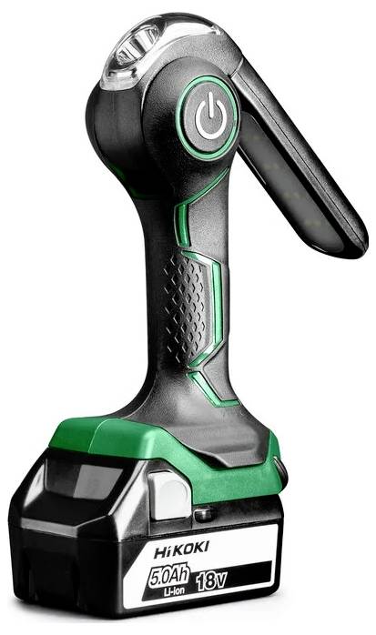 Czarna i zielona bezprzewodowa lampa robocza LED z uchwytem, wyposażona w przycisk zasilania i akumulator 5,0Ah, 18V marki HiKOKI.