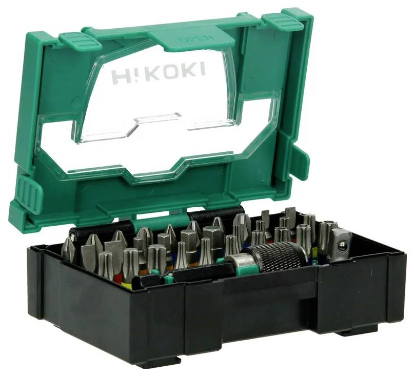 Zielono-czarna walizka narzędziowa z różnymi metalowymi końcówkami wkrętakowymi ułożonymi w sposób umożliwiający łatwy dostęp.