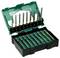 Zestaw grotów wkrętakowych w otwartym zielono-czarnym pudełku, prezentujący różne typy i rozmiary, oznaczone kolorowymi paskami dla łatwej identyfikacji.