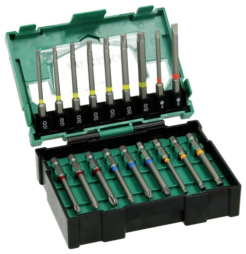 Zielono-czarne pudełko na narzędzia zawierające różne końcówki wkrętaków zorganizowane w dwóch rzędach, przy czym każda końcówka jest oznaczona różnymi rozmiarami i kolorami.