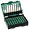 Zielono-czarne pudełko na narzędzia zawierające różne końcówki wkrętaków zorganizowane w dwóch rzędach, przy czym każda końcówka jest oznaczona różnymi rozmiarami i kolorami.
