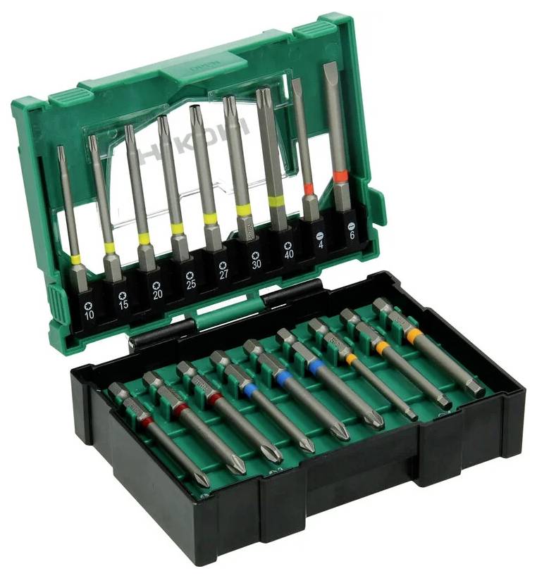 Zielono-czarne plastikowe pudełko zawierające zestaw różnorodnych grotów wkrętaków ułożonych w specjalnych przegródkach, z różnymi rozmiarami i kolorowanymi pierścieniami.
