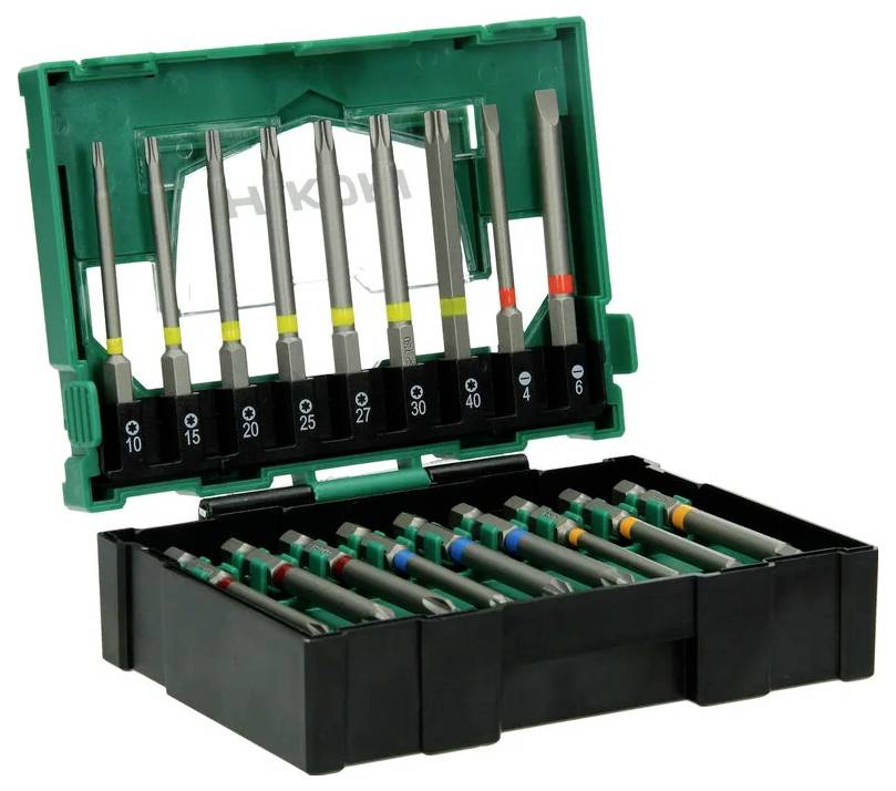 Zestaw narzędziowy w kolorach zielonym i czarnym, zawierający różne końcówki wkrętaków ułożone w rzędach, gdzie każda końcówka jest oznaczona numerami wskazującymi jej rozmiar lub typ.