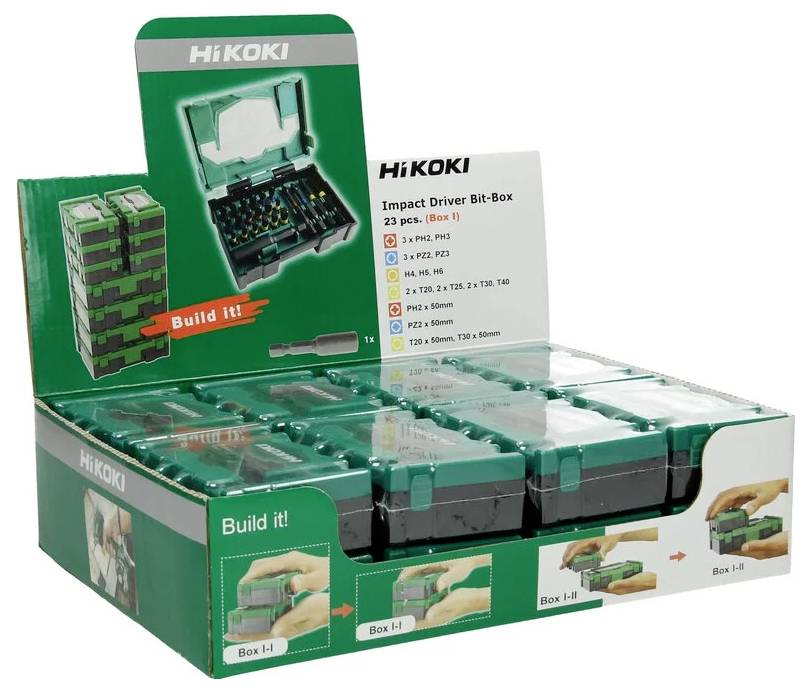 'Prezentacja pudełka z bitami do wkrętaka udarowego HiKOKI, zawierającego 23 sztuki o różnych rozmiarach końcówek wkrętakowych, przedstawiona w zielonym opakowaniu z funkcją układania.'