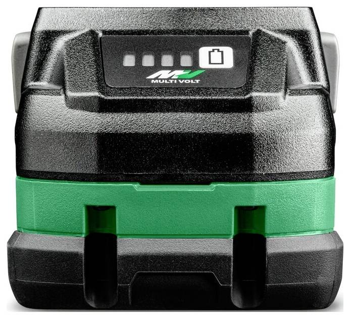 Czarno-zielony akumulator "Multi Volt" posiada wyświetlacz cyfrowy wskazujący poziom naładowania i jest zaprojektowany do elektronarzędzi.