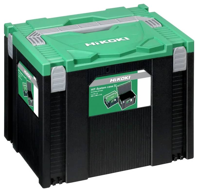 Zielona i czarna walizka na narzędzia HiKOKI HIT-System z uchwytem, przeznaczona do przechowywania narzędzi.