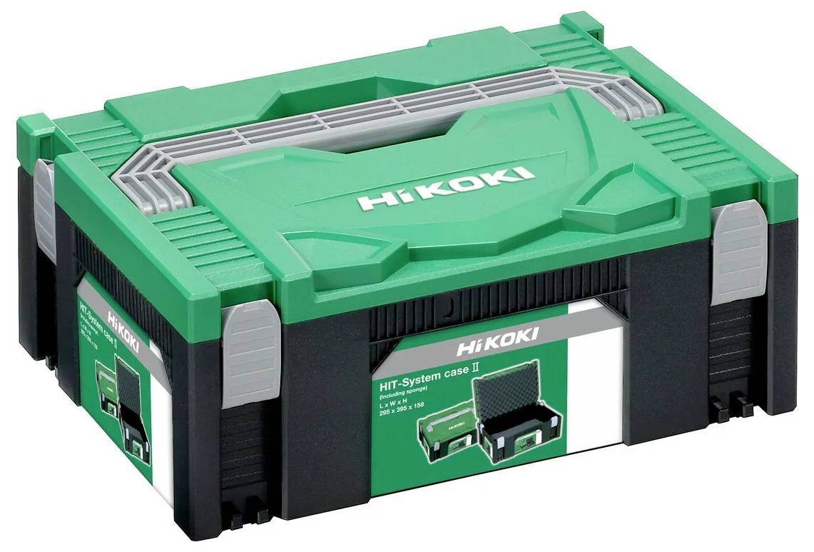Zielono-czarny futerał HiToki z uchwytem oznaczony jest etykietą 'HIT-System Case II'. Charakteryzuje się solidną budową przeznaczoną do przechowywania narzędzi.