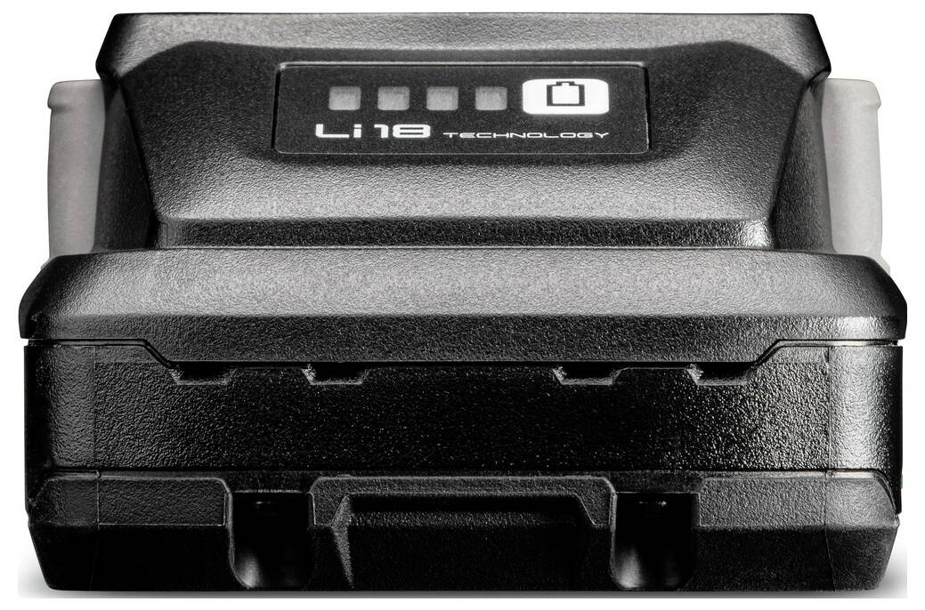 Czarny akumulator z możliwością ładowania, oznaczony etykietą 'Technologia Li18' oraz ikoną baterii na wierzchu, przeznaczony do elektronarzędzi lub podobnych urządzeń.