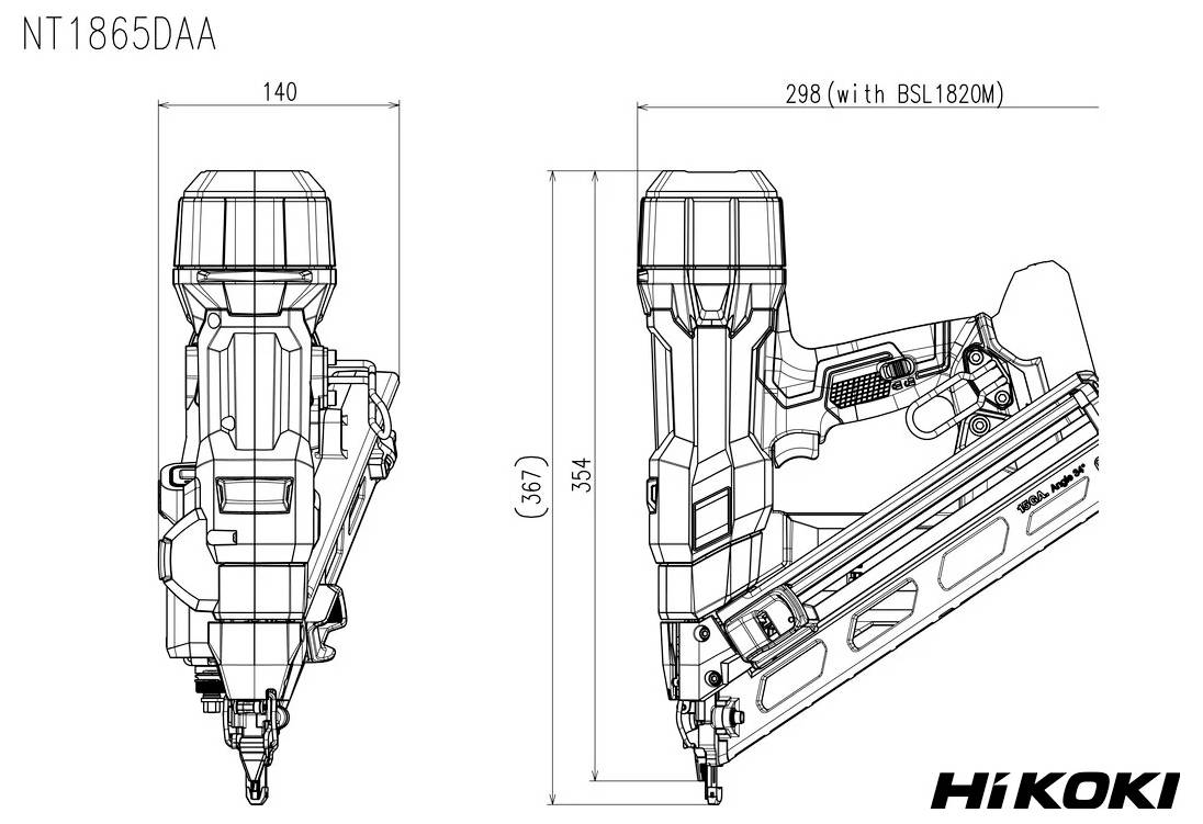 'Rysunek techniczny gwoździarki Hikoki Model NT1865DAA, przedstawiający widoki z przodu i boku wraz z wymiarami: szerokość 140 mm, wysokość 357 mm, długość 298 mm (z akumulatorem BSL1820M).'