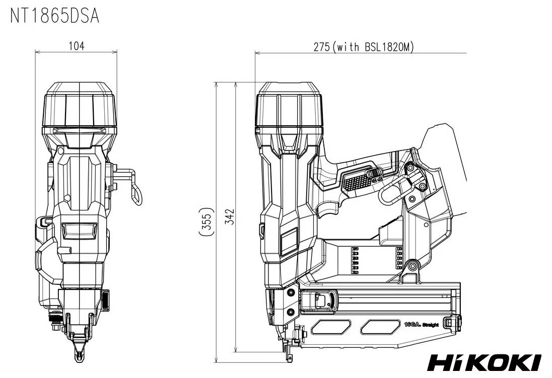 Rysunek techniczny gwoździarki modelu NT1865DSA firmy HiKOKI, przedstawiający widoki boczne z wymiarami: 104 x 355 mm oraz 342 x 275 mm.