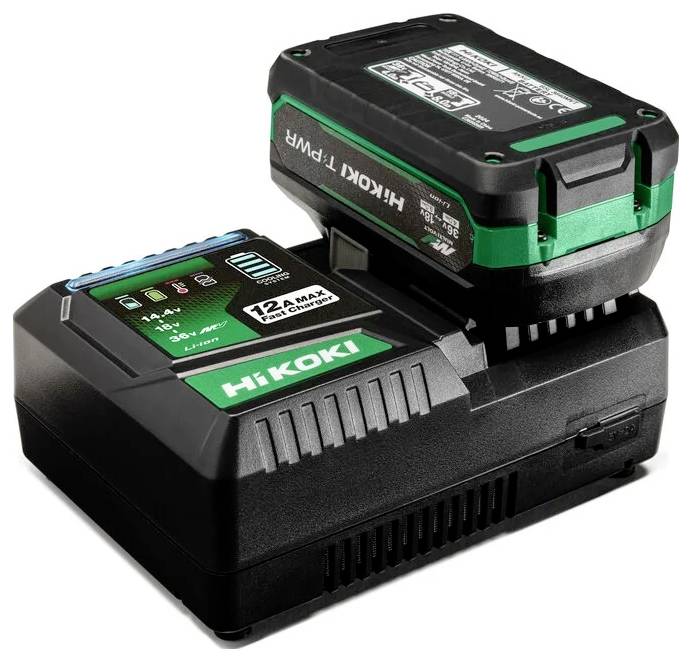 Ładowarka do akumulatorów elektronarzędzi 'Hikoki' z podłączonym pakietem akumulatorów, wyposażona w wskaźniki LED informujące o poziomie naładowania od 14,4V do 18V.