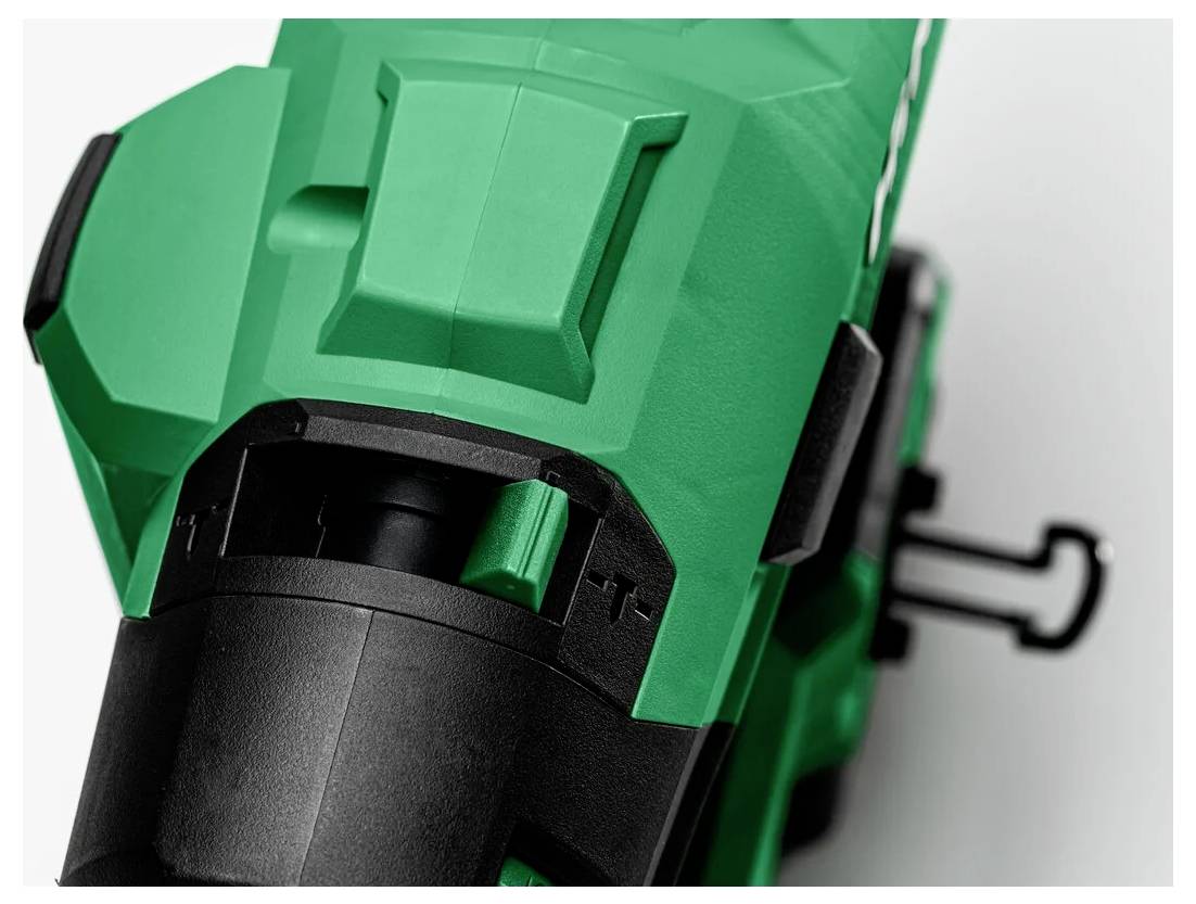 Zielone i czarne narzędzie elektryczne z funkcją regulacji za pomocą przycisków plus i minus, podkreślające jego funkcjonalny design i przyjazny użytkownikowi interfejs.