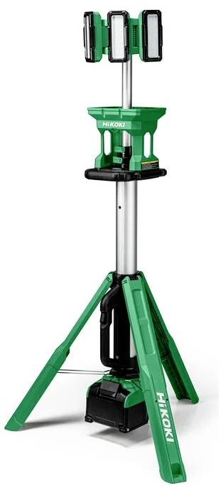 Przenośny zielony statyw oświetleniowy z trzema regulowanymi panelami LED na podstawie statywu, oznaczony marką Hikoki.