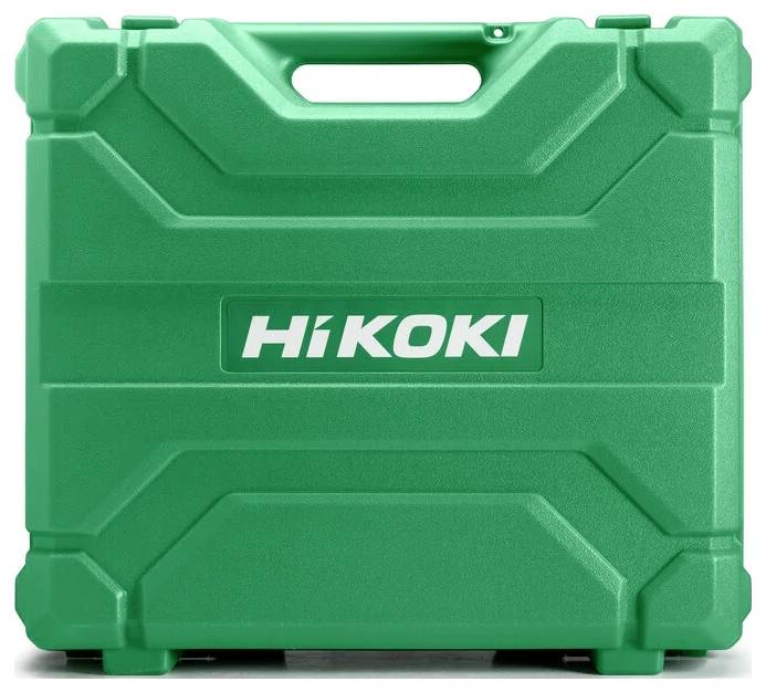 Zielony plastikowy skrzynka na narzędzia z uchwytem, z wyraźnym logo 'HiKoki' na przedniej ściance.