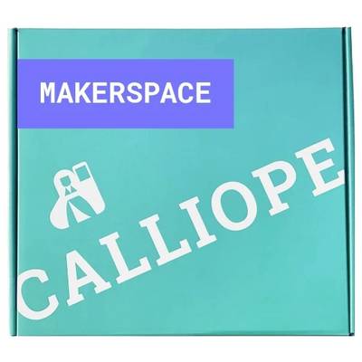 Pudełko 'Calliope' z niebieską etykietą 'Makerspace' i ikoną skrzynki narzędziowej na tle w kolorze morskiej zieleni.