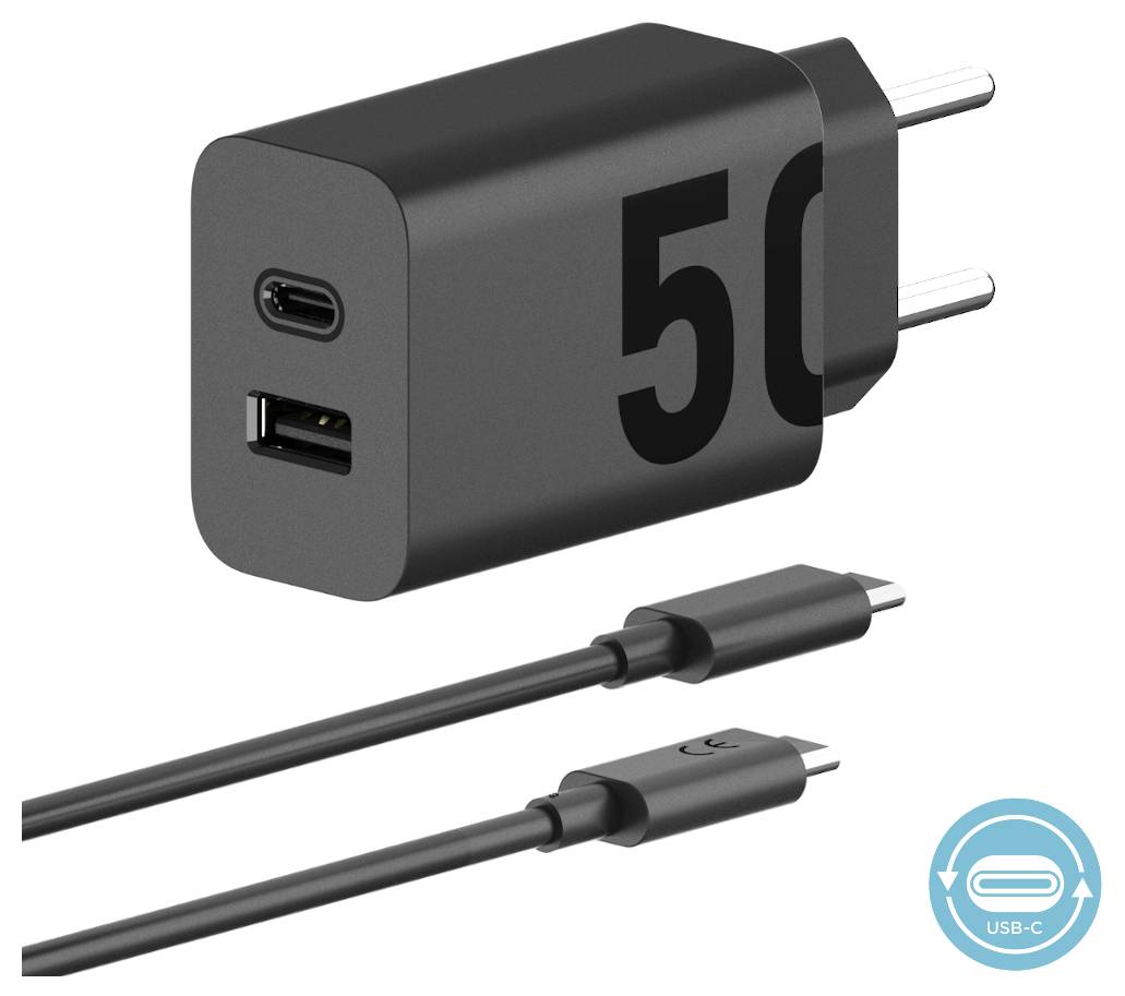 Czarna ładowarka naścienna z napisem '50' na boku, wyposażona w jeden port USB-C i jeden port USB. W zestawie dwa kable USB-C oraz symbol USB-C.