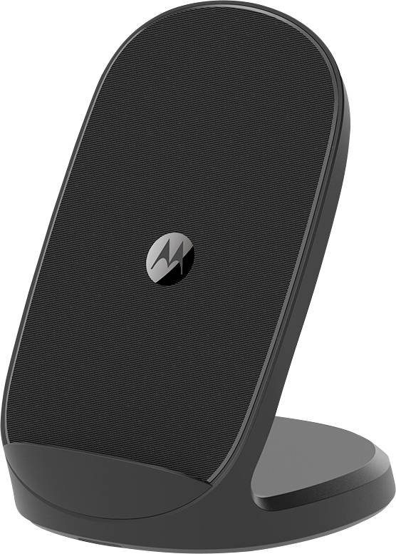 Czarny, pionowy bezprzewodowy ładowarka o eleganckiej, minimalistycznej stylistyce. Logo Motoroli jest wycentrowane na ładowarce.