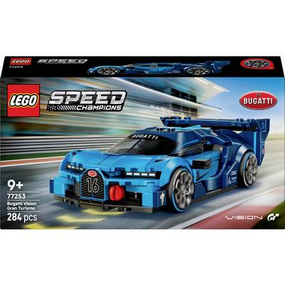 Zestaw 'Lego Speed Champions Bugatti Vision Gran Turismo' przeznaczony dla dzieci od 9 lat, zawierający 284 elementy, przedstawiający niebieski model samochodu wyścigowego.