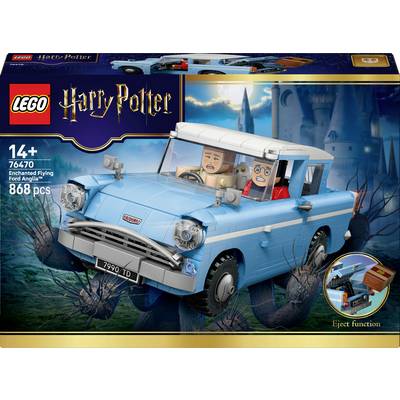 Zestaw Lego 'Harry Potter' Zaklęty Latający Ford Anglia, przeznaczony dla osób powyżej 14 roku życia, zawiera 868 elementów. Na opakowaniu widać samochód z dwoma mini figurkami w środku.
