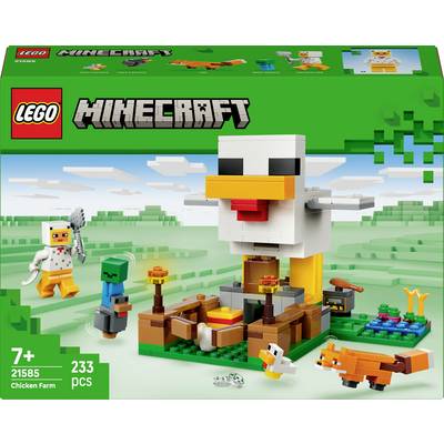 Zestaw LEGO Minecraft z budowlą w kształcie kurczaka, składający się z 233 elementów. Zawiera minifigurki i zwierzęta, przeznaczony dla dzieci w wieku 7 lat i starszych.