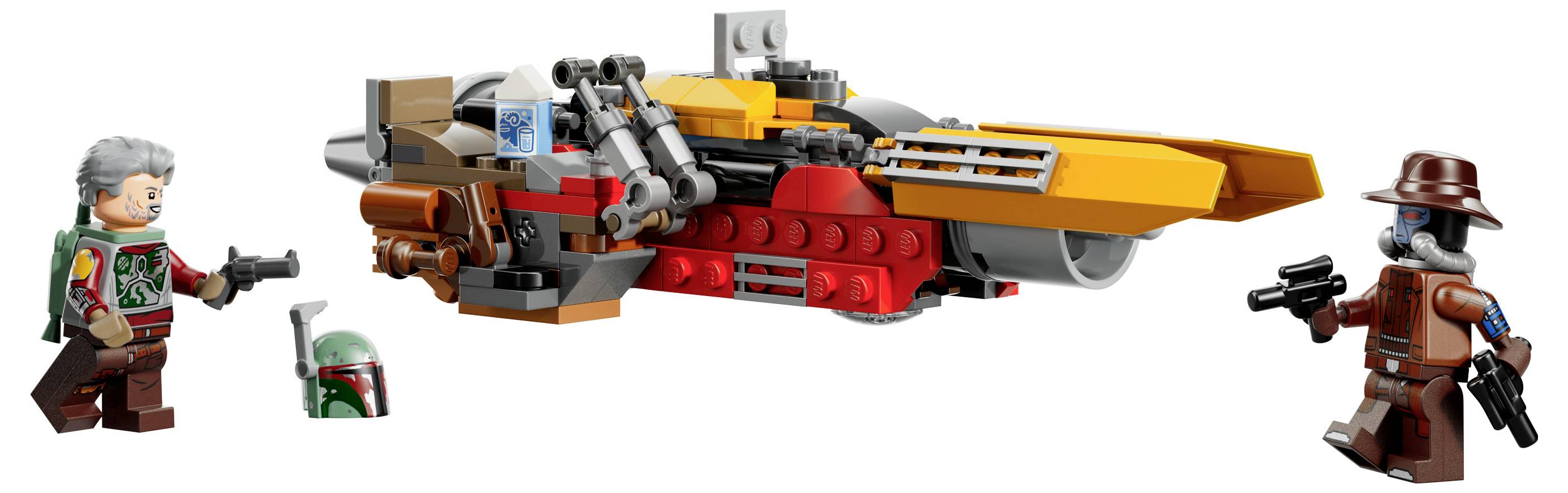 Dwie postacie z bronią zbliżają się do szczegółowo wykonanego żółto-czerwonego statku kosmicznego zbudowanego z połączonych ze sobą klocków. W pobliżu leży hełm.