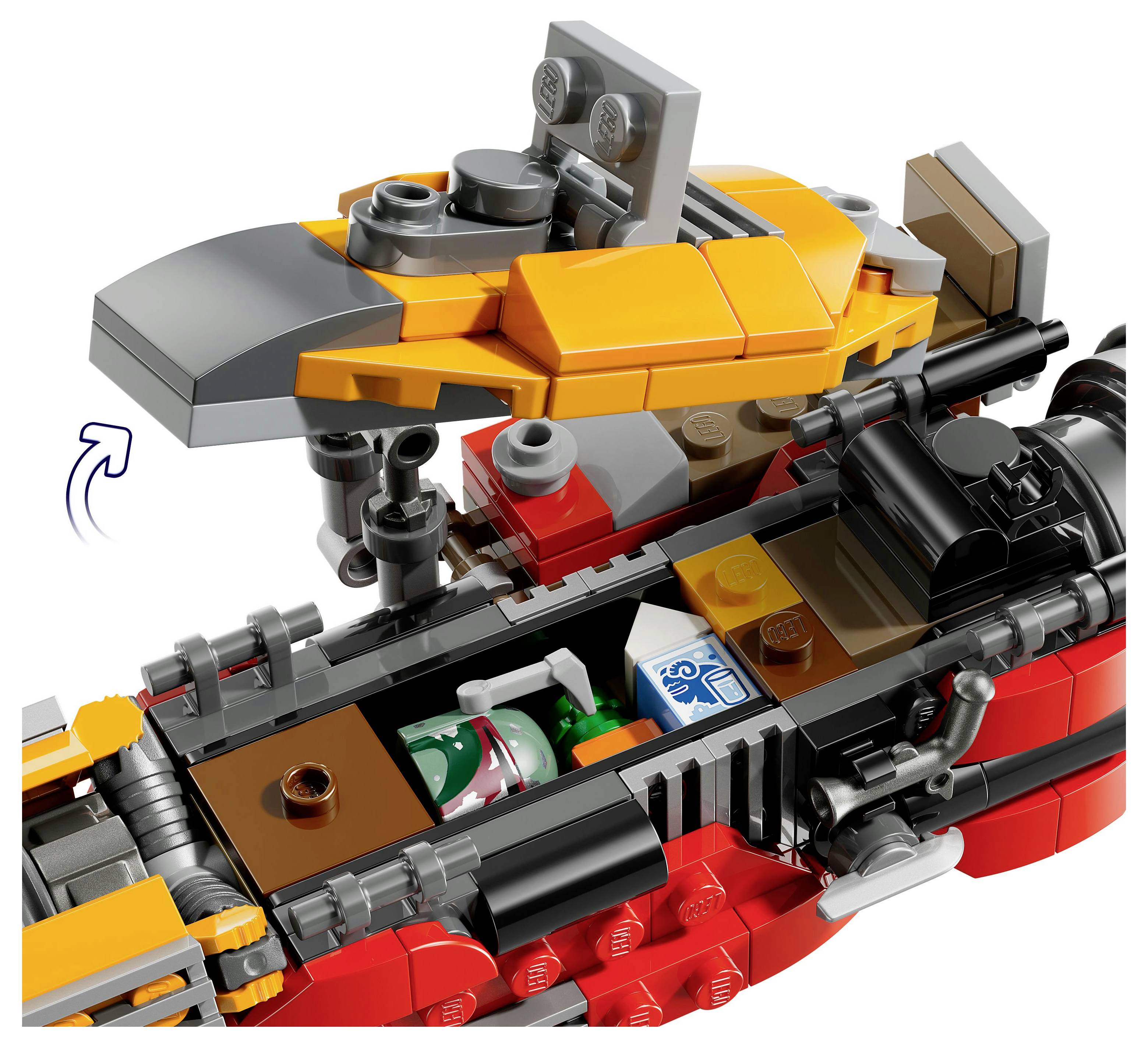 Model statku kosmicznego LEGO z otwartą kabiną pilota, obracającymi się elementami, widocznym szczegółowym wnętrzem oraz figurką postaci wewnątrz.