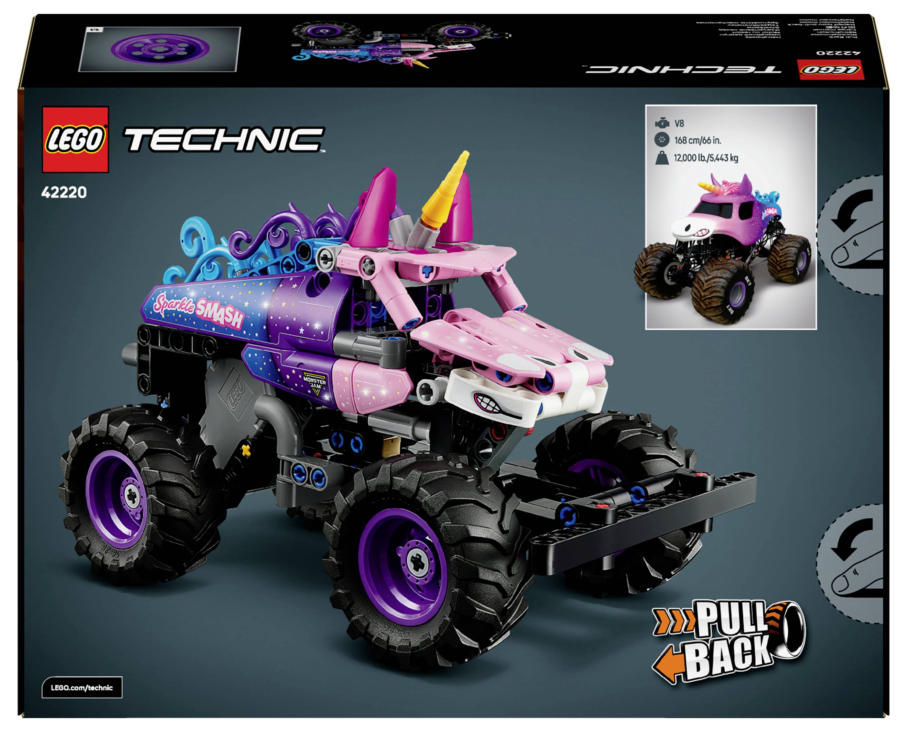 Zestaw LEGO Technic 42220 Monster Jam Sparkle Smash przedstawiający monster truck w stylu jednorożca z funkcją mechanizmu naciągowego.
