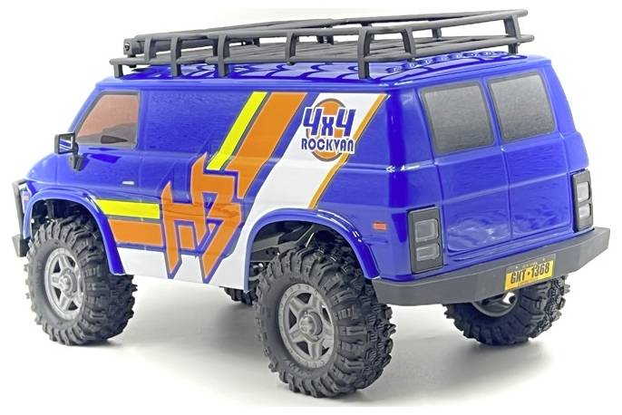 Niebieski samochodzik terenowy z napisami '4x4 Rockyan' i 'H3' na boku, z dużymi oponami i bagażnikiem dachowym, widziany od tyłu pod skosem.