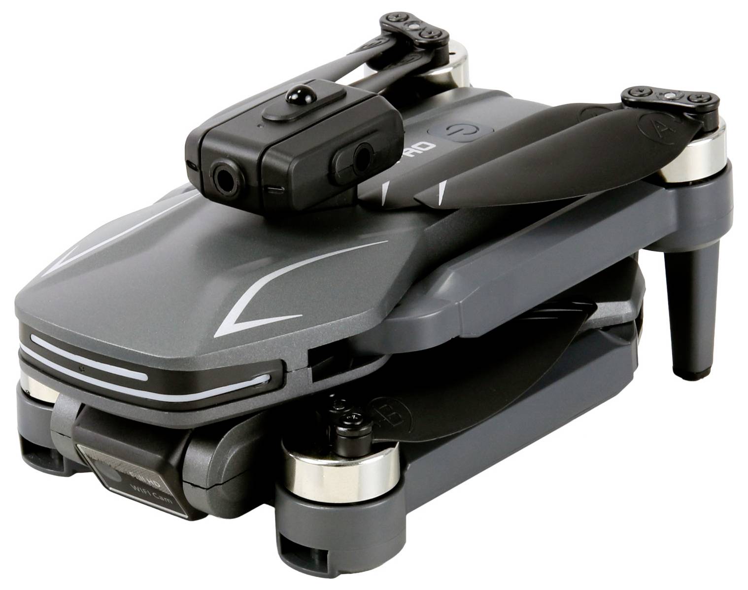 Kompaktowy, złożony szary dron z czarnymi śmigłami spoczywającymi na wierzchu, wyposażony w kamerę z przodu.