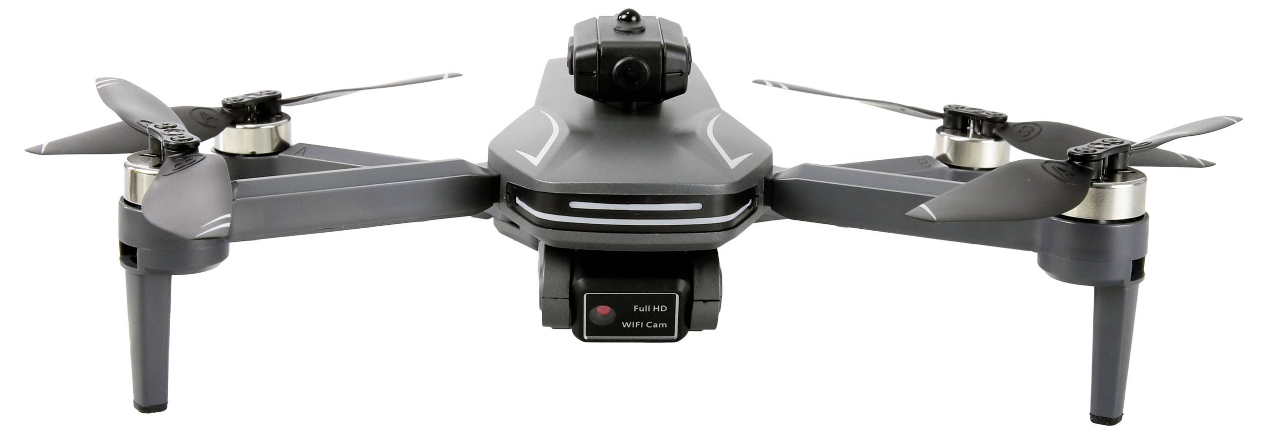 Czarny dron quadcopter z centralnie umieszczoną kamerą, czterema śmigłami oraz szarymi akcentami, sfotografowany z widokiem z przodu na białym tle.