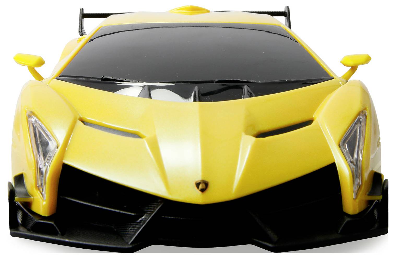 Żółty samochód sportowy jest pokazany od przodu, prezentujący smukłe aerodynamiczne linie, czarne akcenty oraz wyraziście stylizowane reflektory.