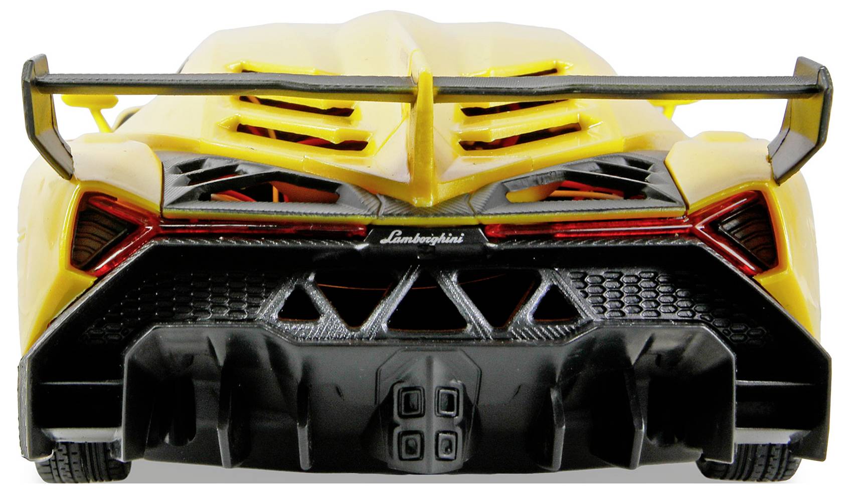 Żółty samochód sportowy widziany z tyłu, prezentujący aerodynamiczną sylwetkę i elementy tylnego spoilera.