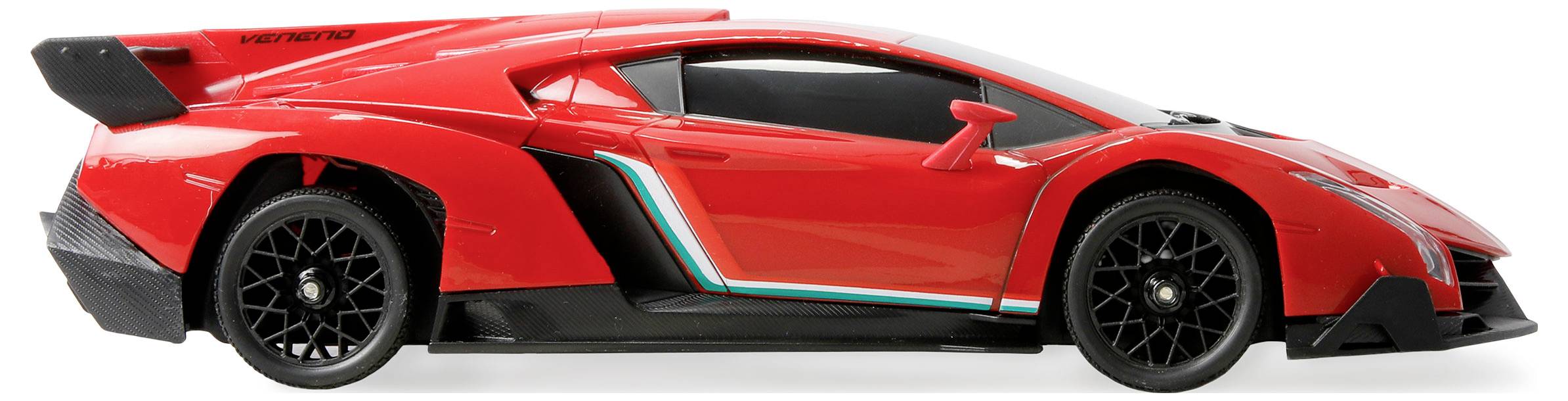 Czerwony samochód sportowy o opływowej, aerodynamicznej sylwetce, z czarnymi akcentami i przyciemnionymi oknami, sfotografowany z boku na białym tle.