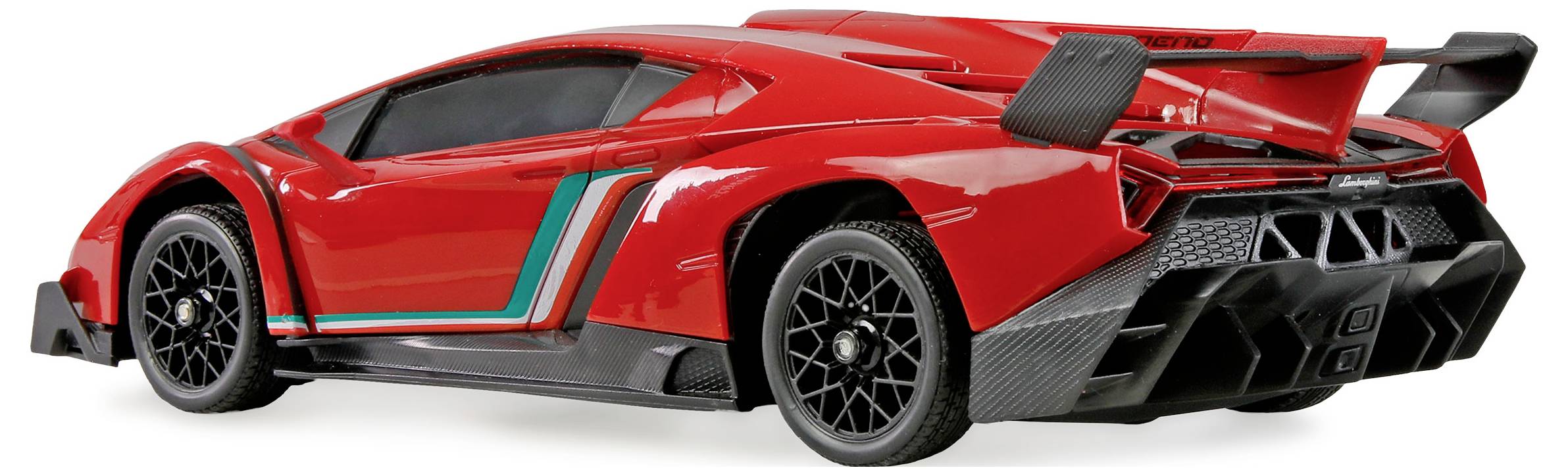 Czerwony model samochodu sportowego z dużym tylnym skrzydłem i aerodynamiczną sylwetką, z czarnymi akcentami i paskami wyścigowymi na boku.