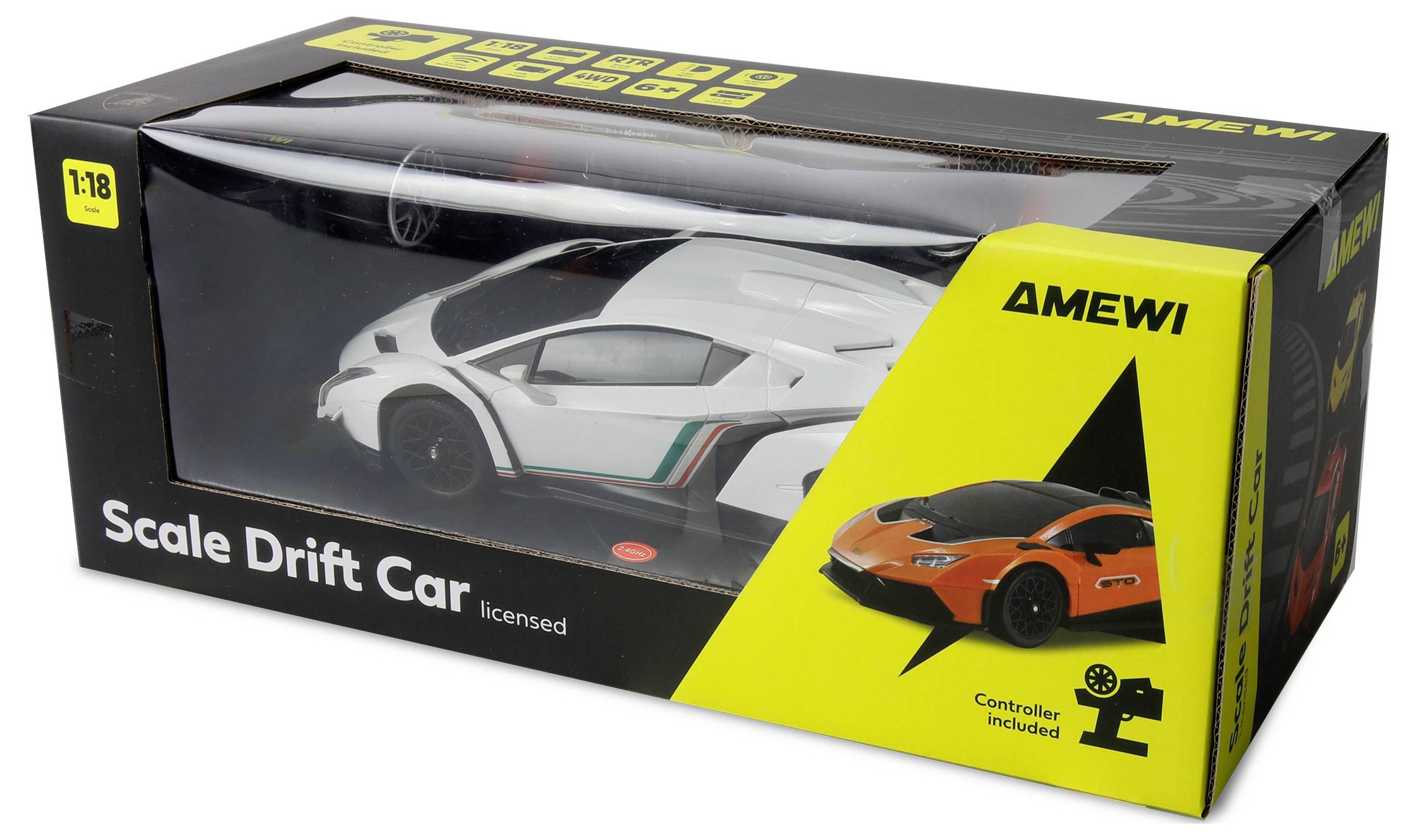 Модель електричної дрифт-карки Amewi Veneno Drift Car White Matted 1:18 на радіокеруванні, повний привід RtR 2.4GHz, в комплекті а