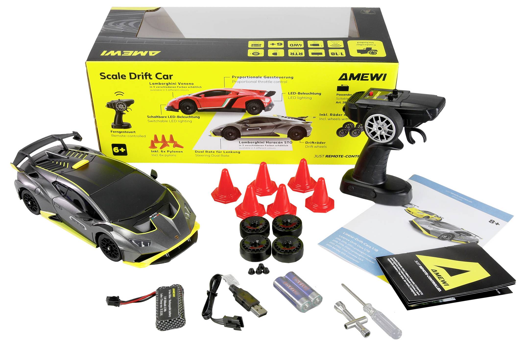 Модель електричної дрифт-карки Amewi Lamborghini Huracan STO, антрацитового кольору, матова, масштаб 1:18, радіокерована, електрич