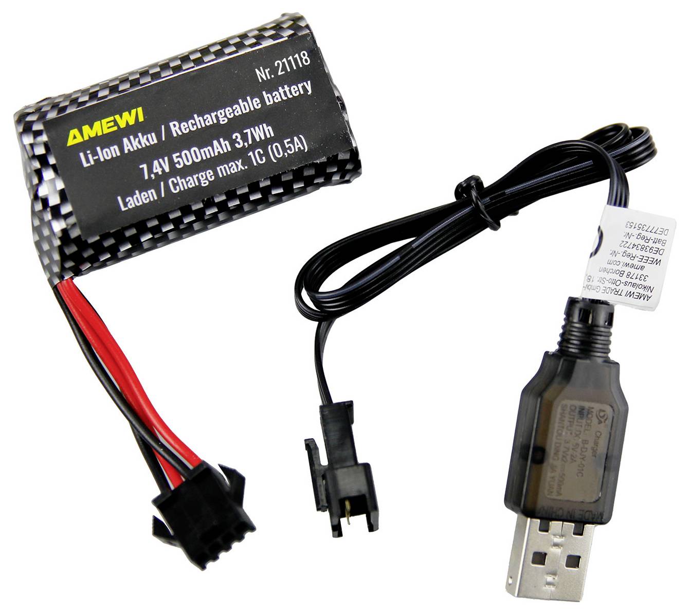 Akumulator litowo-jonowy (Li-Ion) z kablem ładowania USB, oznaczony etykietą 'AMEWI Nr. 21118', specyfikacja: 7,4V 500mAh 3,7Wh.