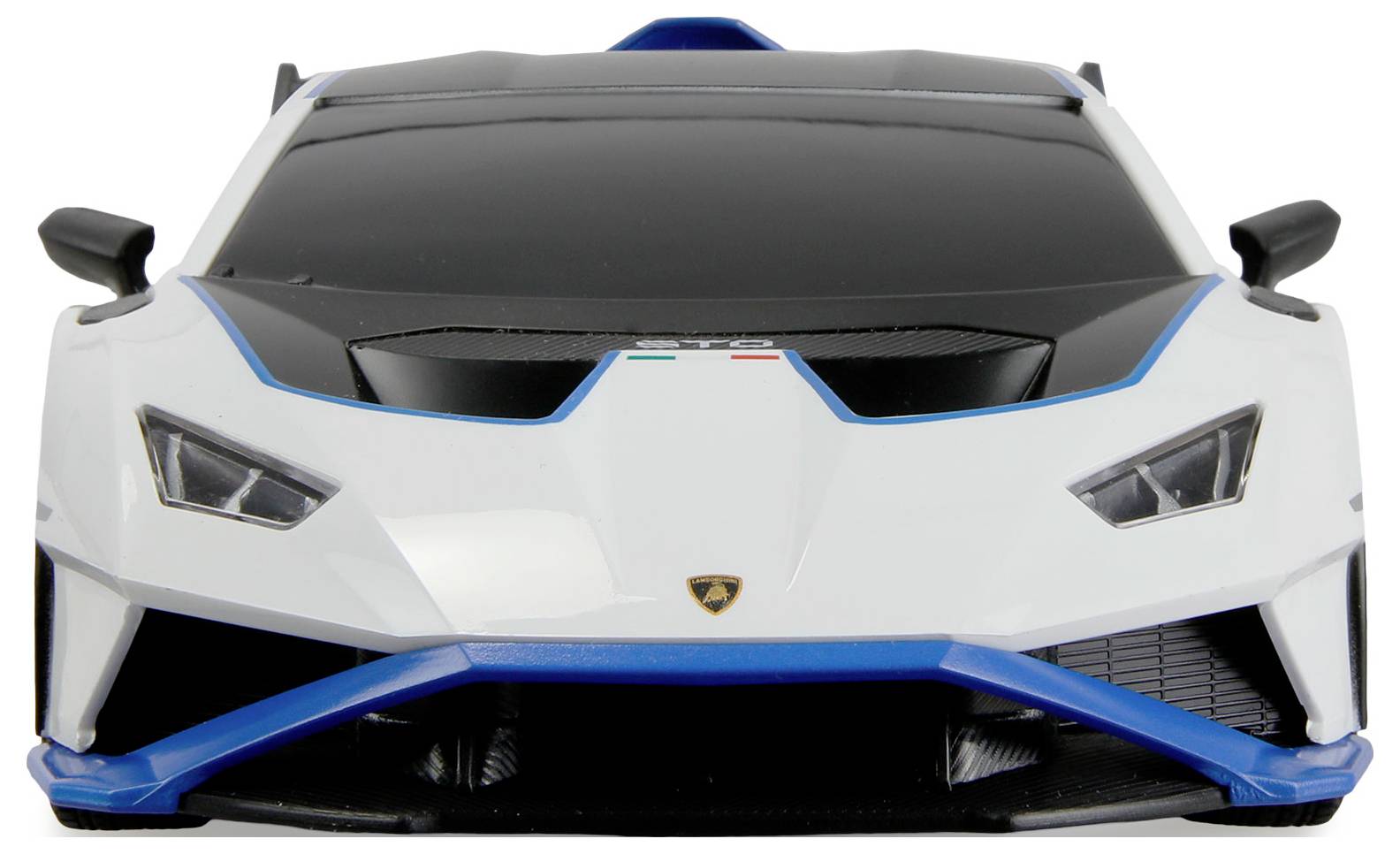 Smukły, biało-czarny model samochodu sportowego z niebieskimi akcentami, widziany od przodu, przypominający luksusowy samochód o wysokiej wydajności.